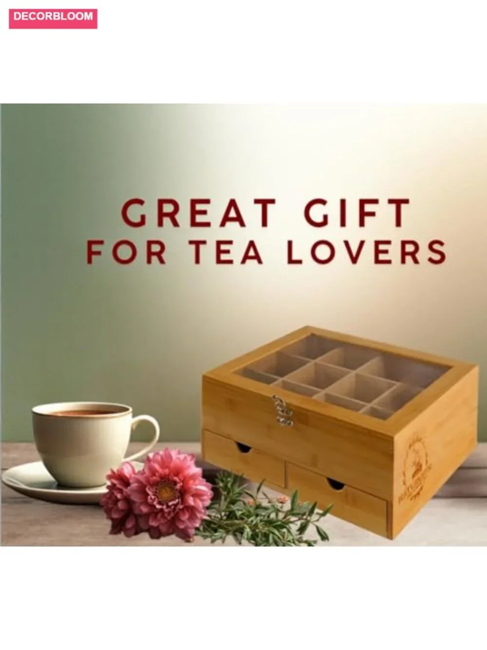 2-Drawer Bamboo Tea Bag Organizer with Acrylic Window, 12 Compartments, Latch